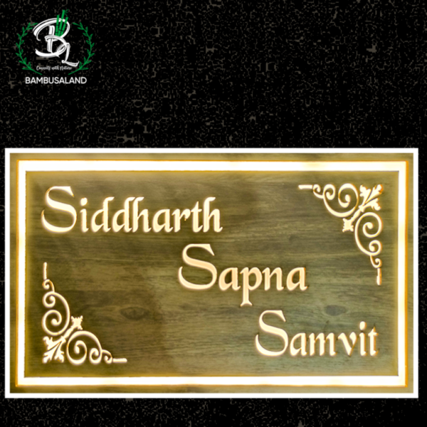 Wooden base name plate with warm white LED light.